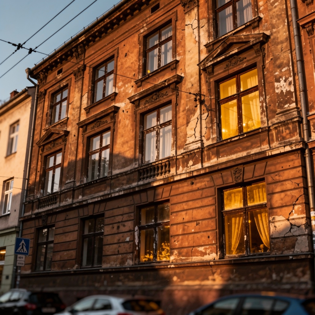 Fasada starego budynku z oknami wymagającymi naprawy